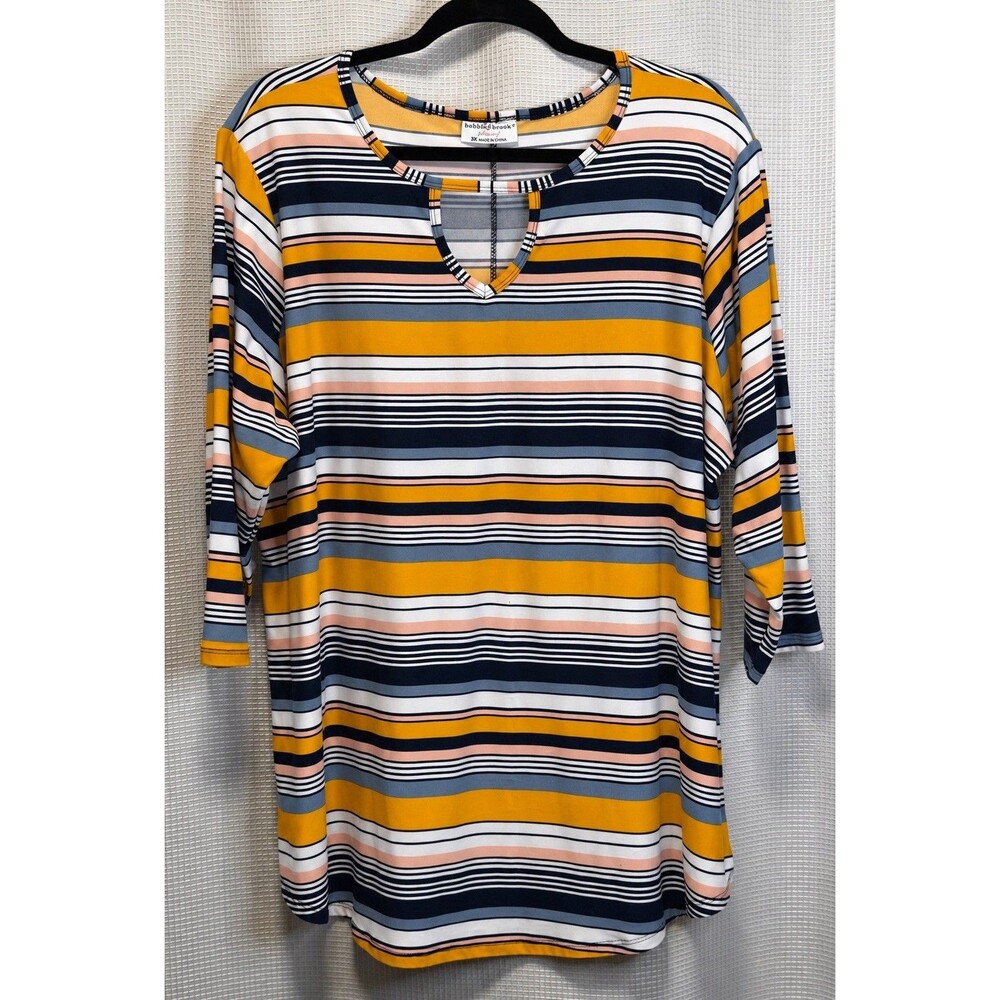Bobbie Brooks Plus Size 3X Striped Tunic Top Mustard Navy Pink Gray 3/4 Sleeve